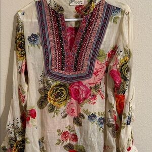 Floral Embroidered Tunic with Multicolor Design Sheer Boho Romantic